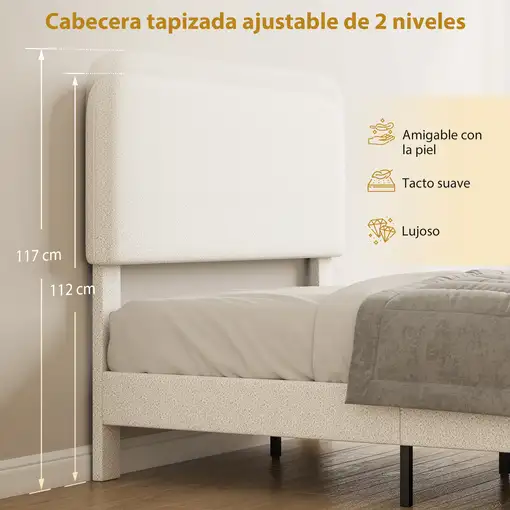 Cama Tapizada en Borreguito 135x190 cm Cabecero Ajustable en Altura HOMCOM