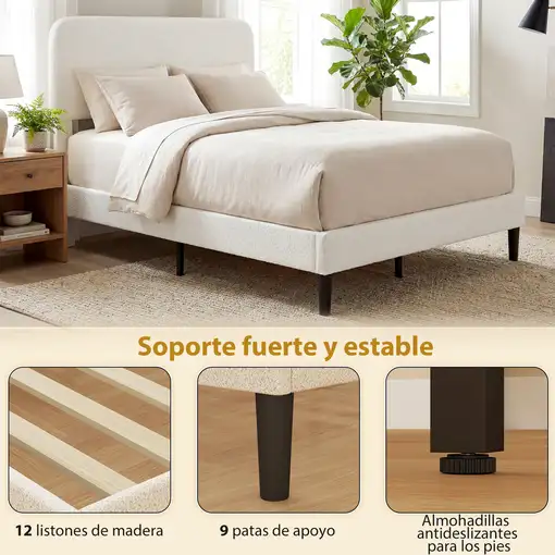 Cama Tapizada en Borreguito 135x190 cm Cabecero Ajustable en Altura HOMCOM