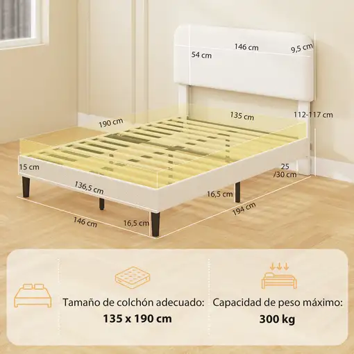 Cama Tapizada en Borreguito 135x190 cm Cabecero Ajustable en Altura HOMCOM