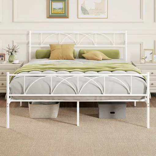 Cama 160x200 cm Estructura de Cama de Acero con Cabecero Blanco HOMCOM