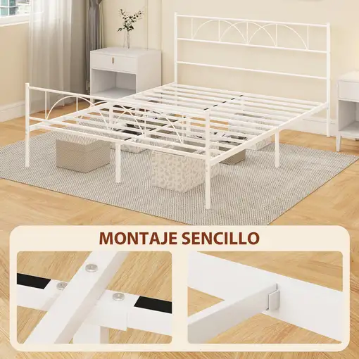 Cama 160x200 cm Estructura de Cama de Acero con Cabecero Blanco HOMCOM