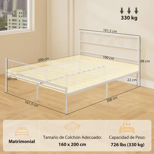 Cama 160x200 cm Estructura de Cama de Acero con Cabecero Blanco HOMCOM
