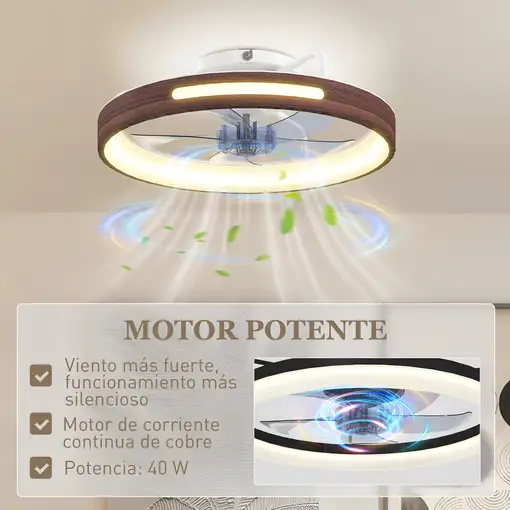 Ventilador de Techo con Luz LED 40 W Motor DC Reversible Teca HOMCOM