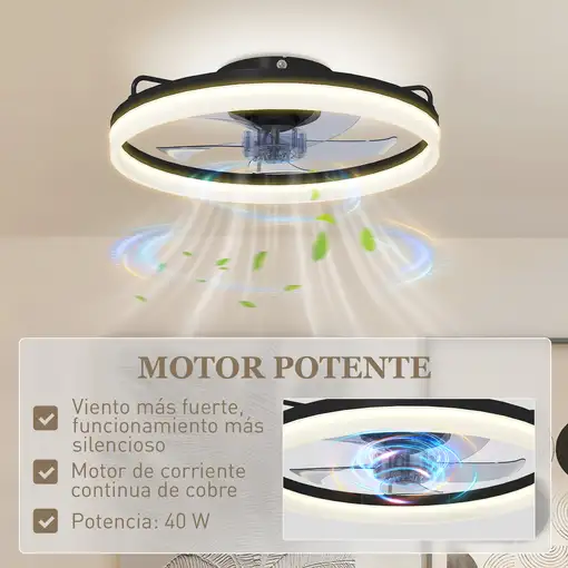 Ventilador de Techo con Luz LED 40 W Motor DC Reversible Negro HOMCOM