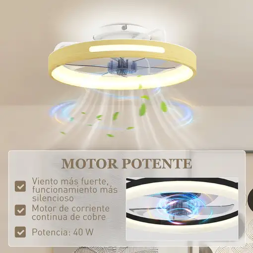 Ventilador de Techo con Luz LED 40 W Motor DC Reversible Natural HOMCOM