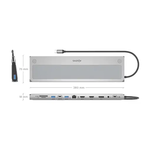 AISENS USB-C Dock 12 en 1, USB-C a 2xHDMI, 1xDisplayPort, 1xRJ45, 3xUSB-A, 1xUSB-C