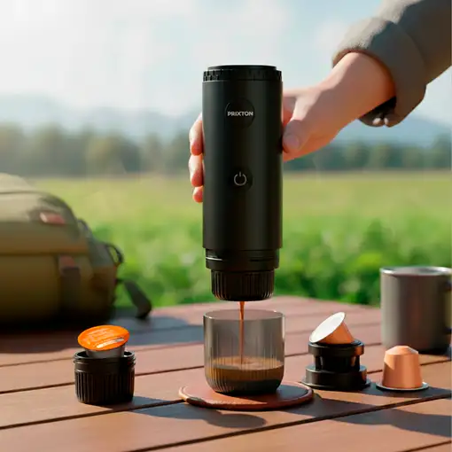 Cafetera Portátil Roma Prixton (Cápsulas/Café Molido - 2 Tazas - Negro)
