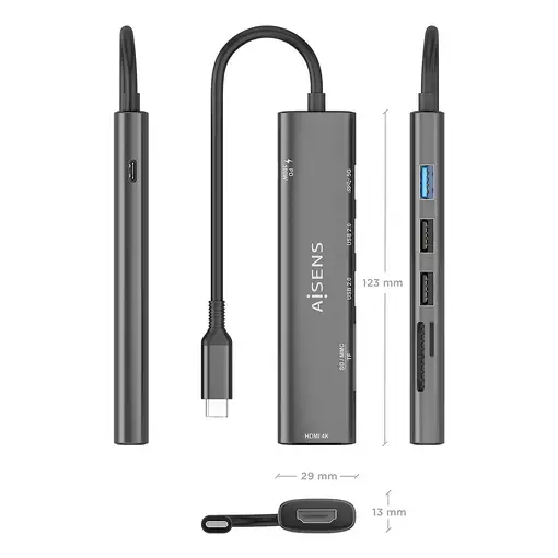 AISENS USB-C Dock 7 en 1, USB-C A, 1x HDMI, 2x USB-A USB2.0, 1x USB-A USB3.0, 1x U
