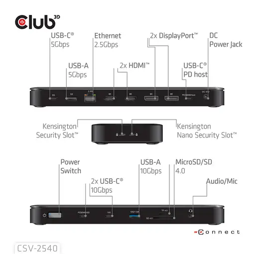 Estación de acoplamiento de accesorios de red Club3D 14 en 1 USB-C 150 W CSV-2540