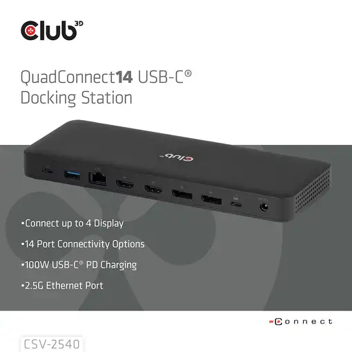 Estación de acoplamiento de accesorios de red Club3D 14 en 1 USB-C 150 W CSV-2540
