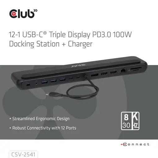 Estación de acoplamiento de accesorios de red Club3D 12 en 1 USB-C 100 W CSV-2541