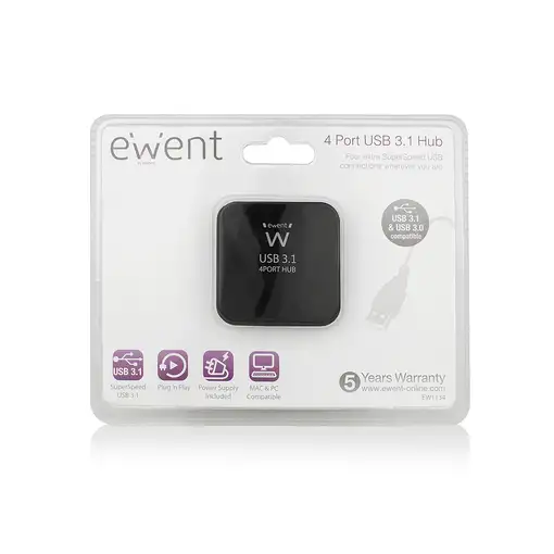 Ewent EW1134 hub de interfaz USB 3.2 Gen 2 (3.1 Gen 2) Type-A 5000 Mbit/s Negro