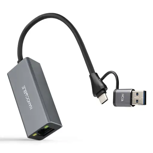 Nanocable Conversor USB-C+USB-A/M 3.0 a Ethernet, Aluminio, Gris, 15 cm