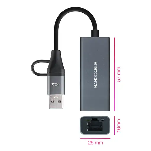 Nanocable Conversor USB-C+USB-A/M 3.0 a Ethernet, Aluminio, Gris, 15 cm