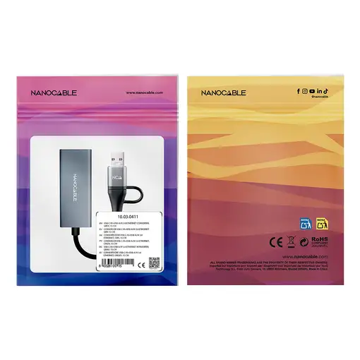Nanocable Conversor USB-C+USB-A/M 3.0 a Ethernet, Aluminio, Gris, 15 cm