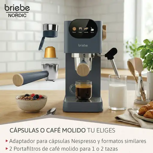 Nordic Set Cafetera 20 Bares Cápsulas, Café Molido Espumador Leche Tostadora 2 Reb