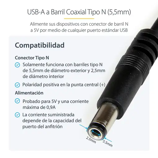 StarTech.com Cable Adaptador 1m USB A Macho a Conector Coaxial Barrel Alimentación
