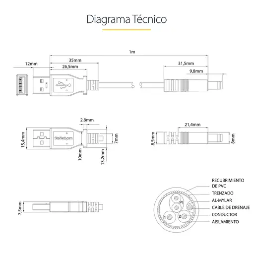 StarTech.com Cable Adaptador 1m USB A Macho a Conector Coaxial Barrel Alimentación