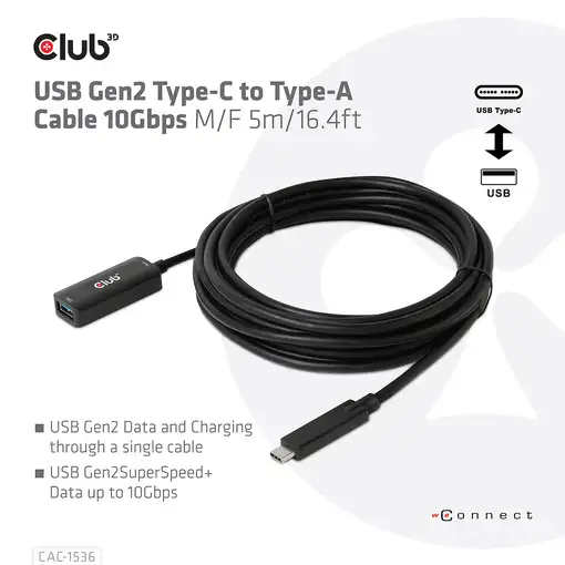 CLUB3D CAC-1536 cable USB USB 3.2 Gen 2 (3.1 Gen 2) 5 m USB C USB A Negro