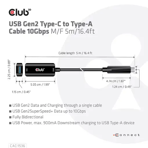 CLUB3D CAC-1536 cable USB USB 3.2 Gen 2 (3.1 Gen 2) 5 m USB C USB A Negro