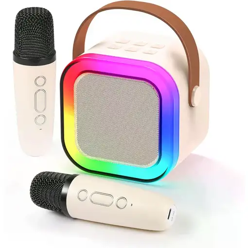 Mini Máquina de Karaoke Portátil con 2 Micrófonos Inalámbricos (Beige) Mini Máquina de Karaoke Portátil con 2 Micrófonos Inalámbricos (Beige)