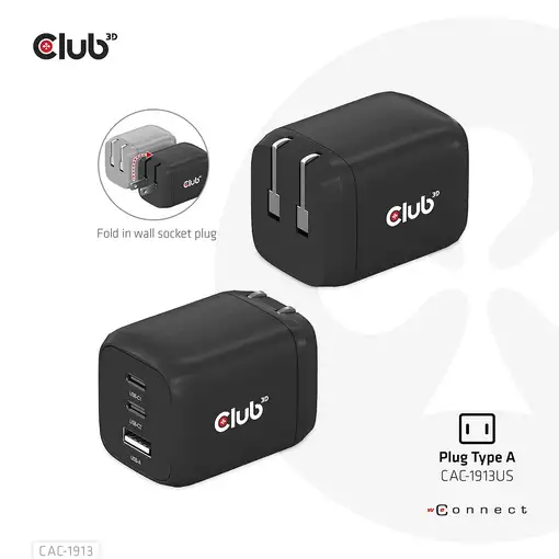 CLUB3D Cargador de viaje PPS Tecnología GAN de 65 vatios, Puerto triple