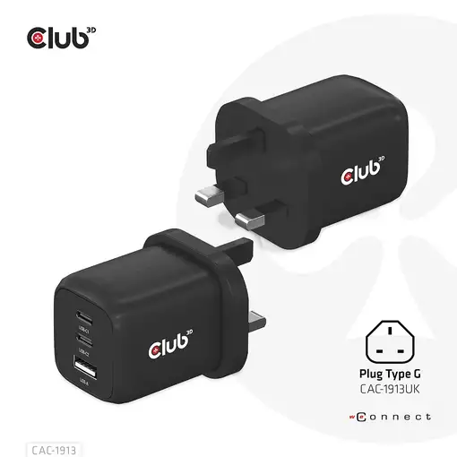 CLUB3D Cargador de viaje PPS Tecnología GAN de 65 vatios, Puerto triple