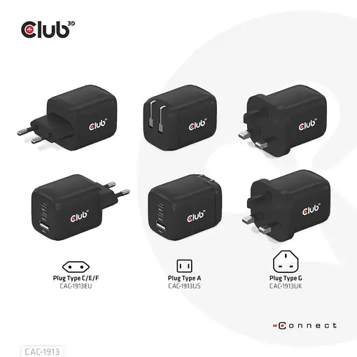 CLUB3D Cargador de viaje PPS Tecnología GAN de 65 vatios, Puerto triple