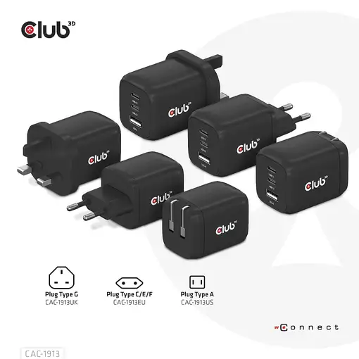 CLUB3D Cargador de viaje PPS Tecnología GAN de 65 vatios, Puerto triple