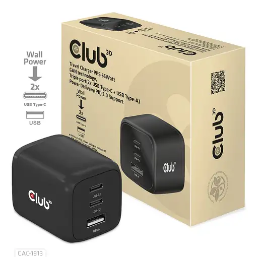 CLUB3D Cargador de viaje PPS Tecnología GAN de 65 vatios, Puerto triple