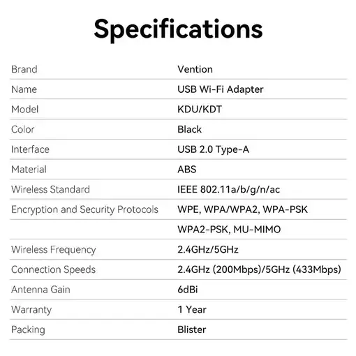 Vention KDTB0 adaptador y tarjeta de red WLAN 633 Mbit/s
