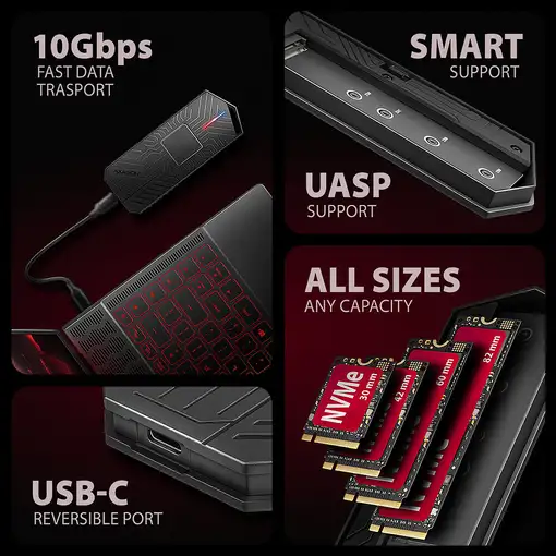 Axagon EEM2-GAM, USB-C 10Gbps - NVMe & SATA SSD GAME M.2 box, bezšroubkový Caja ex