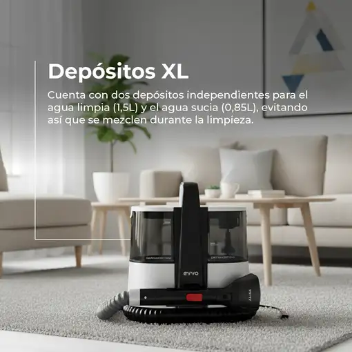 Limpiatapicerías EVVO AM65, 600W, Depósito 1.5L, Accesorios XXL y Ventanas