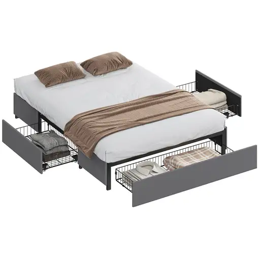 Cama Doble 140x190 cm con 3 Cajones y Estructura de Metal Gris HOMCOM Cama Doble 140x190 cm con 3 Cajones y Estructura de Metal Gris HOMCOM