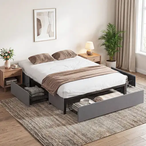 Cama Doble 140x190 cm con 3 Cajones y Estructura de Metal Gris HOMCOM