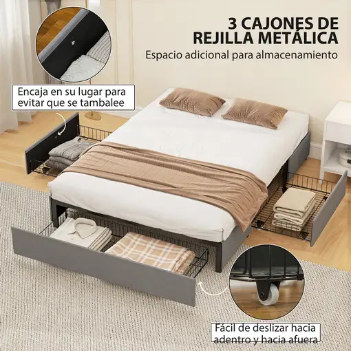 Cama Doble 140x190 cm con 3 Cajones y Estructura de Metal Gris HOMCOM