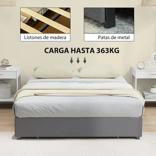 Cama Doble 140x190 cm con 3 Cajones y Estructura de Metal Gris HOMCOM
