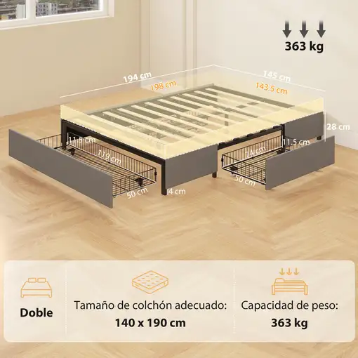 Cama Doble 140x190 cm con 3 Cajones y Estructura de Metal Gris HOMCOM