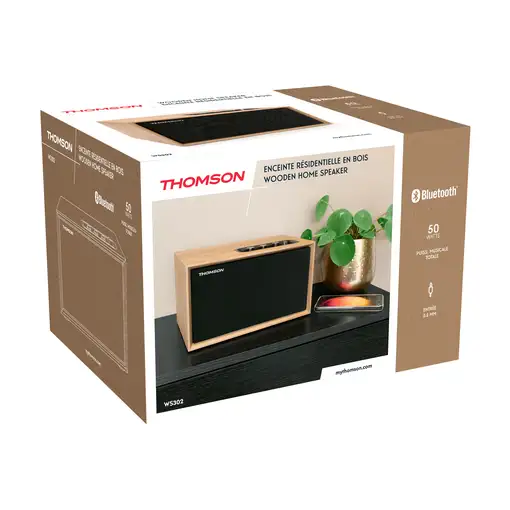 Altavoz Bluetooth 5.3, 50W, AUX 3.5mm, ajustes graves/agudos, madera Thomson W302