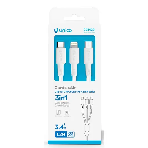 UNICO CB1429 cable USB 1,2 m USB A USB C/Micro USB-A/Lightning Blanco