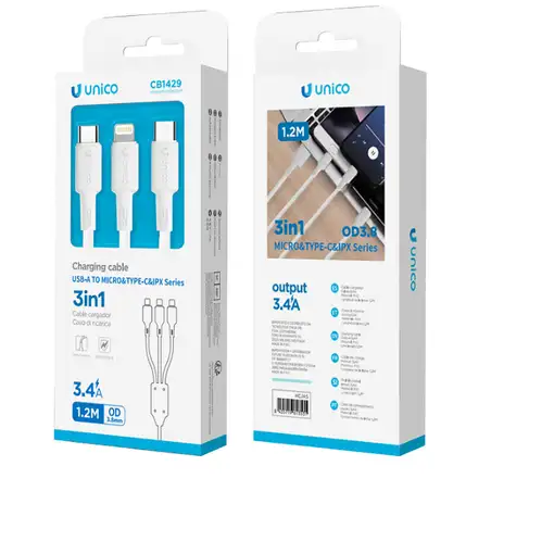 UNICO CB1429 cable USB 1,2 m USB A USB C/Micro USB-A/Lightning Blanco