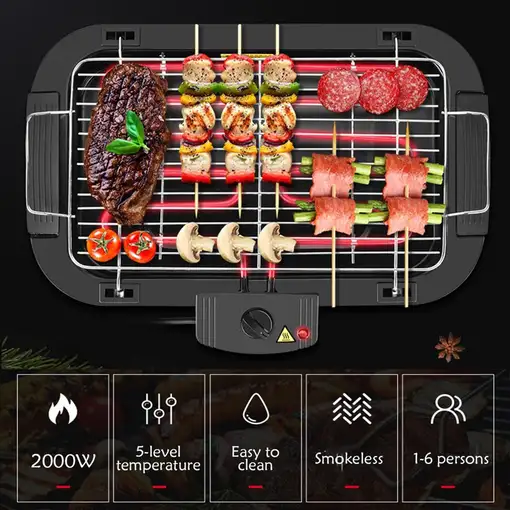 Barbacoa eléctrica Klack 2000W con 5 temperaturas y bandeja recoge grasa