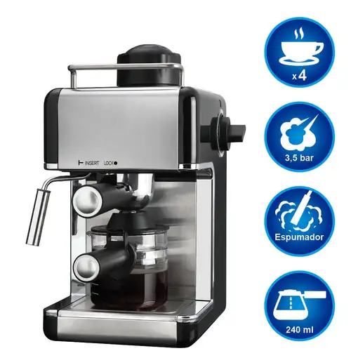 Cafetera Espresso Klack 3,5 Bares 4 Tazas 800W Acero Inoxidable