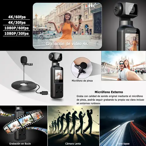 Cámara Corporal 4K Klack con Micrófono Externo WiFi y Estabilización