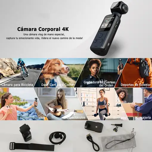 Cámara Corporal 4K Klack con Micrófono Externo WiFi y Estabilización
