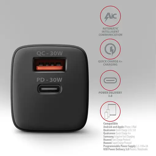Axagon ACU-PQ30 Ladegerät QC3.0, 4.0/AFC/FCP/PPS/Apple+ PD USB-C, 30W - schwarz -