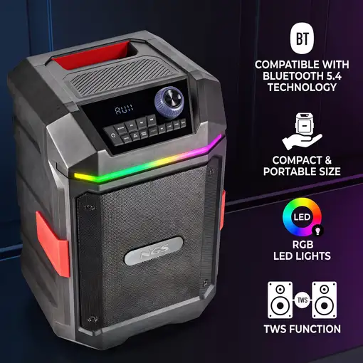 NGS WILD BASH COMPACT: Altavoz portáil 200W BT/TWS, USB/AUX, batería 6h, LED, IPX6