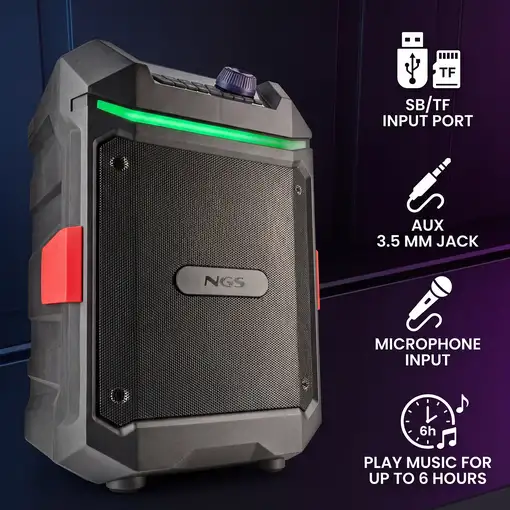 NGS WILD BASH COMPACT: Altavoz portáil 200W BT/TWS, USB/AUX, batería 6h, LED, IPX6