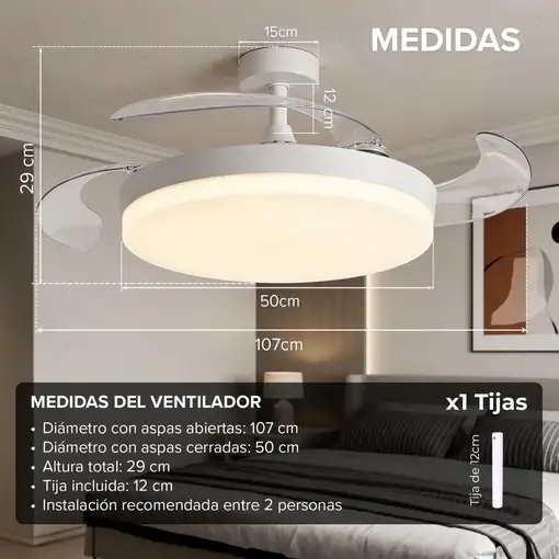 Ventilador de techo con luz, aspas retráctiles, 72 W, Concept Ova 3NOD