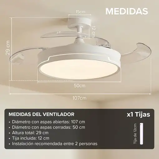 3NOD Concept Ray Ventilador de techo con luz LED blanco motor DC aspas retrácti